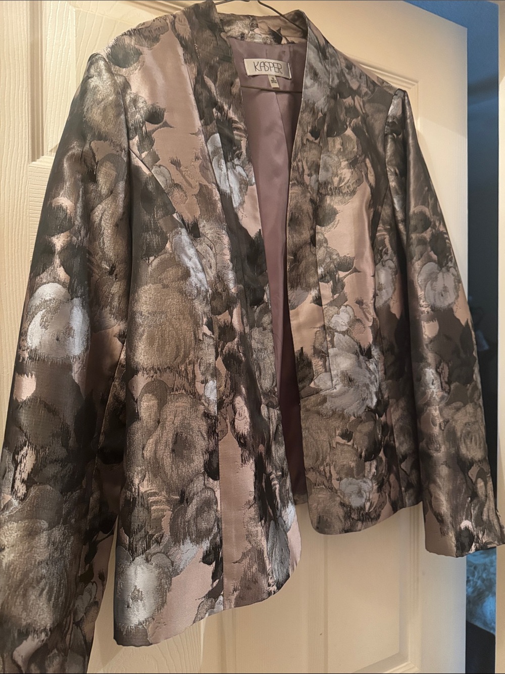 Kasper Women's Floral Open-Front Blazer in Taupe and Gray with matching dress